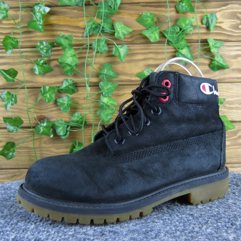 Champion x Timberland Black Leather Lace Up Boots Boys Size 1.5 Ankle Outdoor